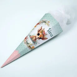 Rehkitz - Schultüte mit Name und Blumen bedruckt