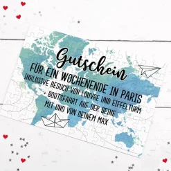 Reisegutschein in Puzzleform mit Ihrem Text gestaltet, 120 Teile