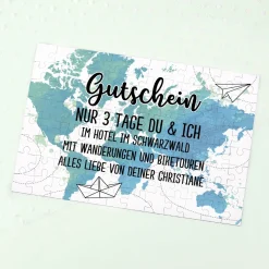 Reisegutschein in Puzzleform mit Ihrem Text gestaltet, 120 Teile