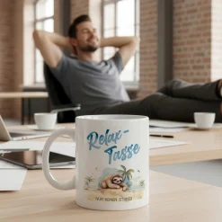Relax-Tasse mit Faultier-Motiv und Spruch 'Nur keinen Stress!' | Geschenk für ABI & Schulabschluss