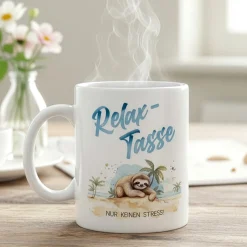 Relax-Tasse mit Faultier-Motiv und Spruch 'Nur keinen Stress!' | Geschenk für ABI & Schulabschluss