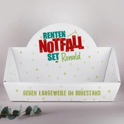 Renten Notfall Set mit Name personalisiert | Geschenkkorb zur Rente & Ruhestand für Männer & Frauen