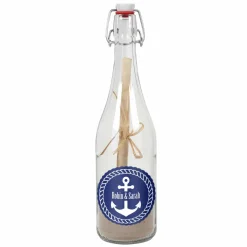 Romantische Flaschenpost mit maritimen Aufkleber und Ihren Wunschnamen
