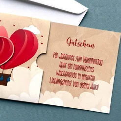 Romantischer Gutschein zum Valentinstag, Hochzeitstag und mehr - Ziehkarte mit Ihrem Text & Herzen