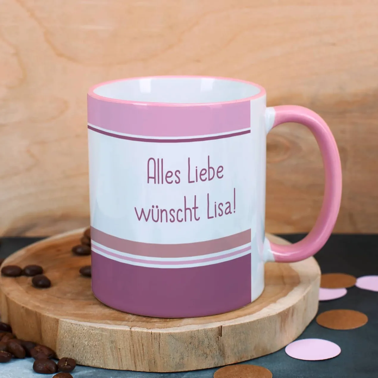 Rosa Fototasse mit Ihrem Wunschtext