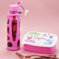 Rosa Kinder-Trinkflasche und Brotdose im Set mit Ihrem Wunschnamen