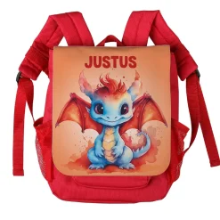 Roter Kinderrucksack mit niedlichem Drachen und Ihrem Wunschnamen