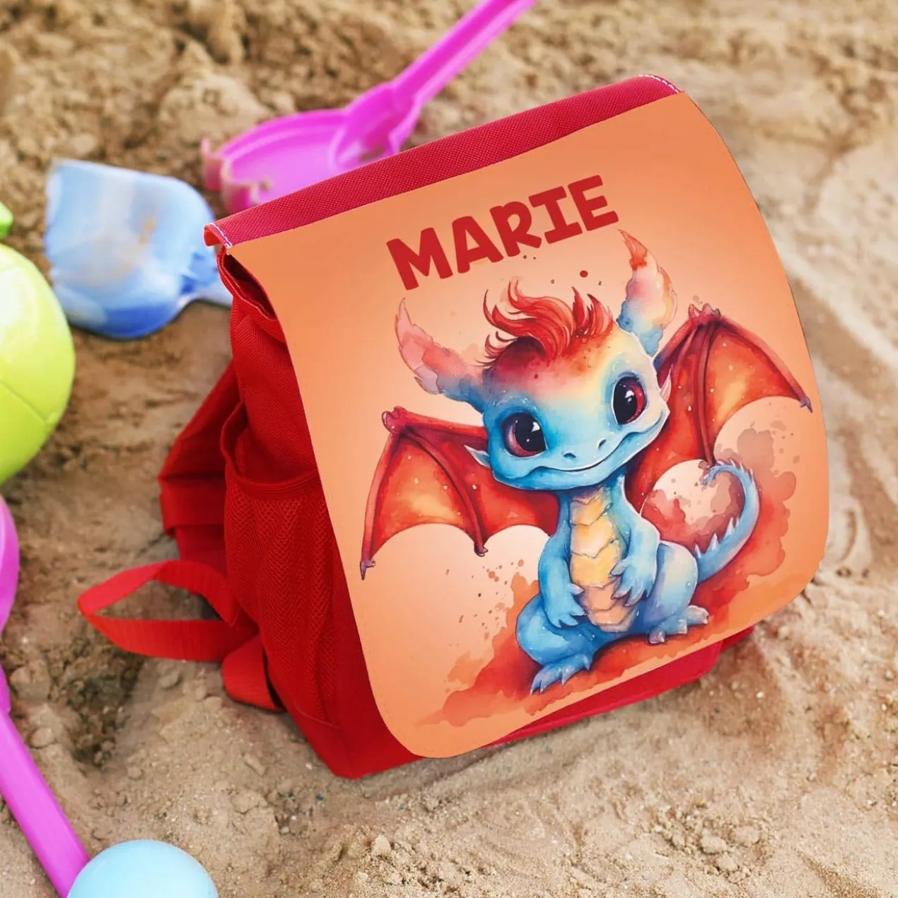 Roter Kinderrucksack mit niedlichem Drachen und Ihrem Wunschnamen