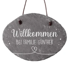 Runde Schieferplatte - Willkommen - mit Namensaufdruck