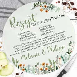 Rundes Glasbrettchen mit Rezept für eine glückliche Ehe und Ihren Wunschnamen