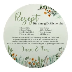 Rundes Glasbrettchen mit Rezept für eine glückliche Ehe und Ihren Wunschnamen