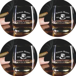 Runde Untersetzer mit Whiskymotiv, Wunschname und Geburtsjahr (4er Set)