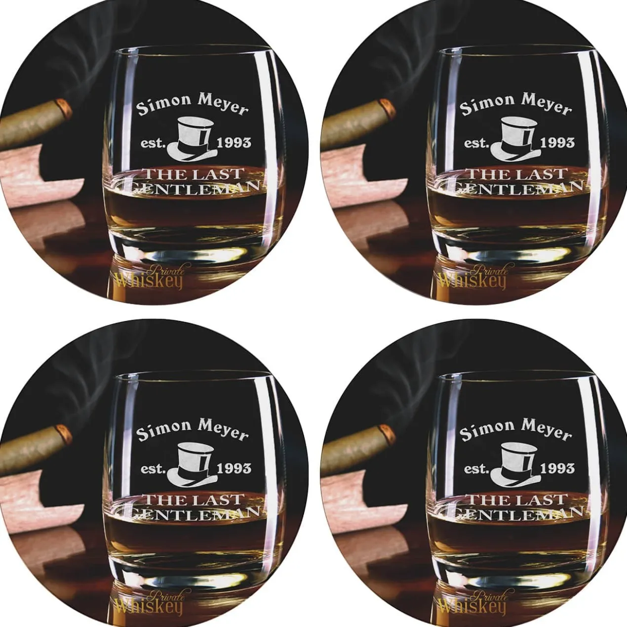 Runde Untersetzer mit Whiskymotiv, Wunschname und Geburtsjahr (4er Set)