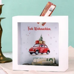 Santa`s Fuhrpark - weihnachtliche Bilderrahmenspardose mit Wunschtext