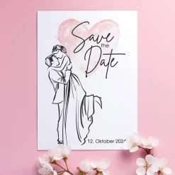 Save the Date Karte mit Brautpaar und rosa Watercolorherz