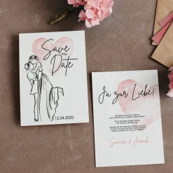 Save the Date Karte mit Brautpaar und rosa Watercolorherz