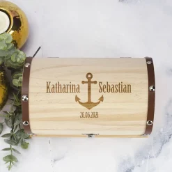 Schatztruhe aus Holz in 3 Größen mit Anker und Wunschgravur
