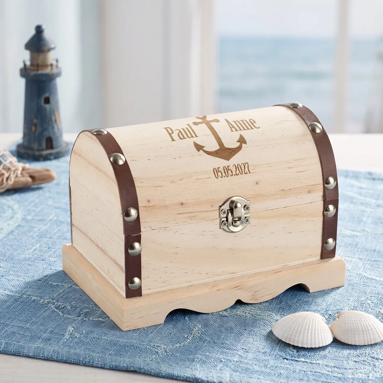 Schatztruhe aus Holz in 3 Größen mit Anker und Wunschgravur