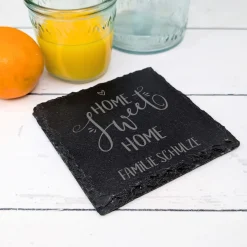 Schiefer-Untersetzer 'Home Sweet Home' personalisiert mit Namen für Paare als Einweihungsgeschenk