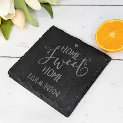 Schiefer-Untersetzer 'Home Sweet Home' personalisiert mit Namen für Paare als Einweihungsgeschenk