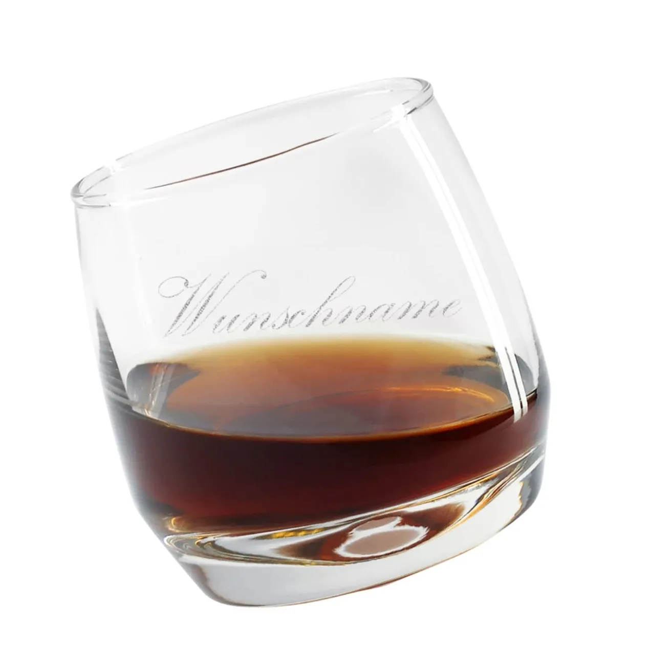 Schief stehendes Whiskyglas mit waagerechter Gravur Ihres Wunschnamens