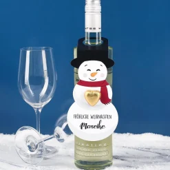 Schneemann-Flaschenanhänger mit Schokoladenherz und Name