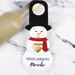 Schneemann-Flaschenanhänger mit Schokoladenherz und Name