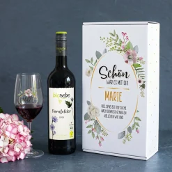 Schön, war es mit dir - Weingeschenkset zum Abschied mit Biorebe Wein, Glas und Geschenkbox