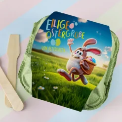 Schokoeier "Eilige Ostergrüße" in personalisiertem Eierkarton mit Wunschtext | 4 Löffeleier