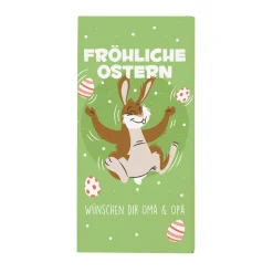Schokolade zu Ostern mit Wunschtext und fröhlichem Osterhasenmotiv
