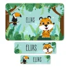 Schulaufkleber im Dschungel-Design mit Tiger & Tukan und Wunschname