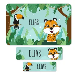 Schulaufkleber im Dschungel-Design mit Tiger & Tukan und Wunschname