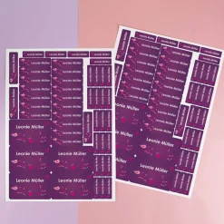 Schulaufkleber im Set mit floralem Motiv in violett