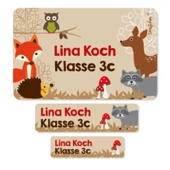 Schulaufkleber mit Name und Tieren des Waldes