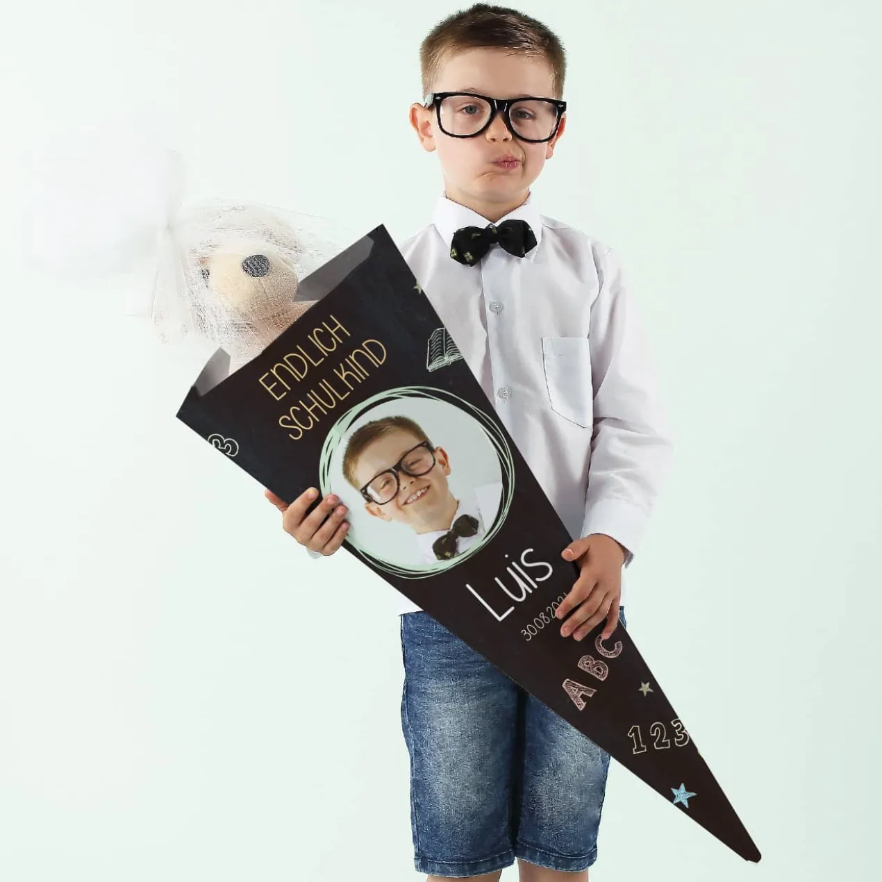 Schultüte in Tafeloptik mit Foto und Name