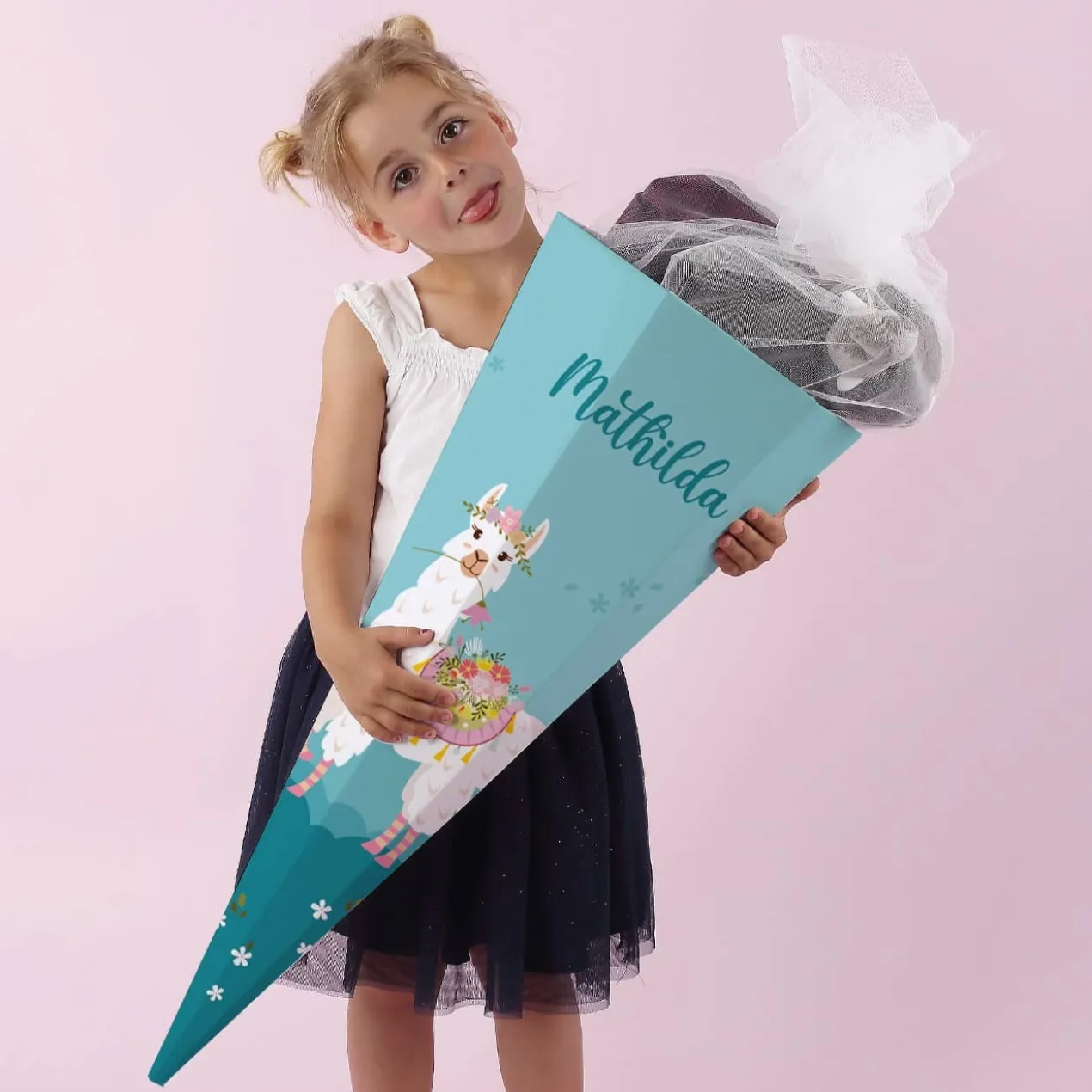 Schultüte mit Lama, Blumen und Name