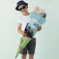 Schultüte XL mit Zug Motiv personalisiert mit Name | Retro Dampflok | 80cm