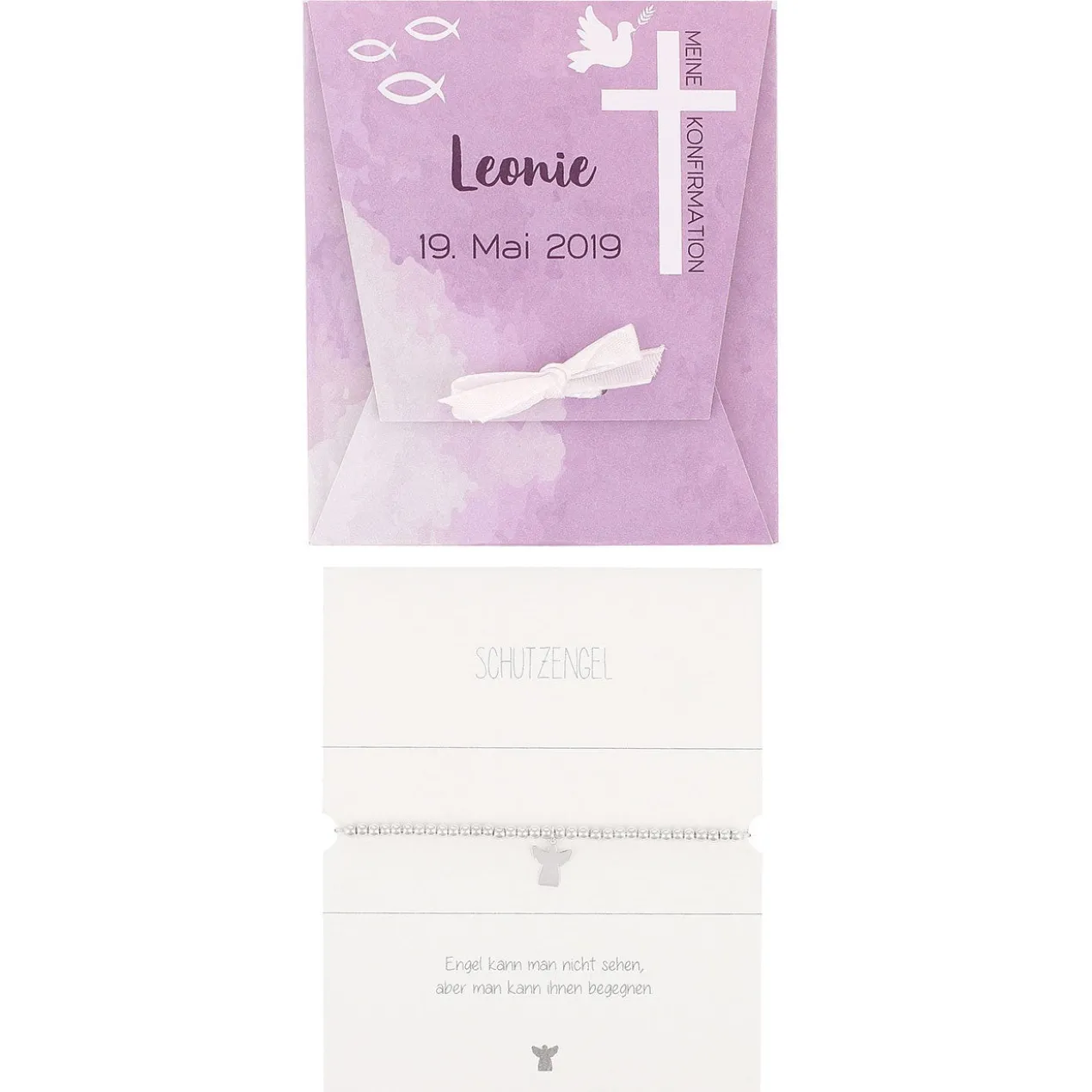 Schutzengel Armband zur Konfirmation in personalisierter Verpackung | Lila oder Türkis