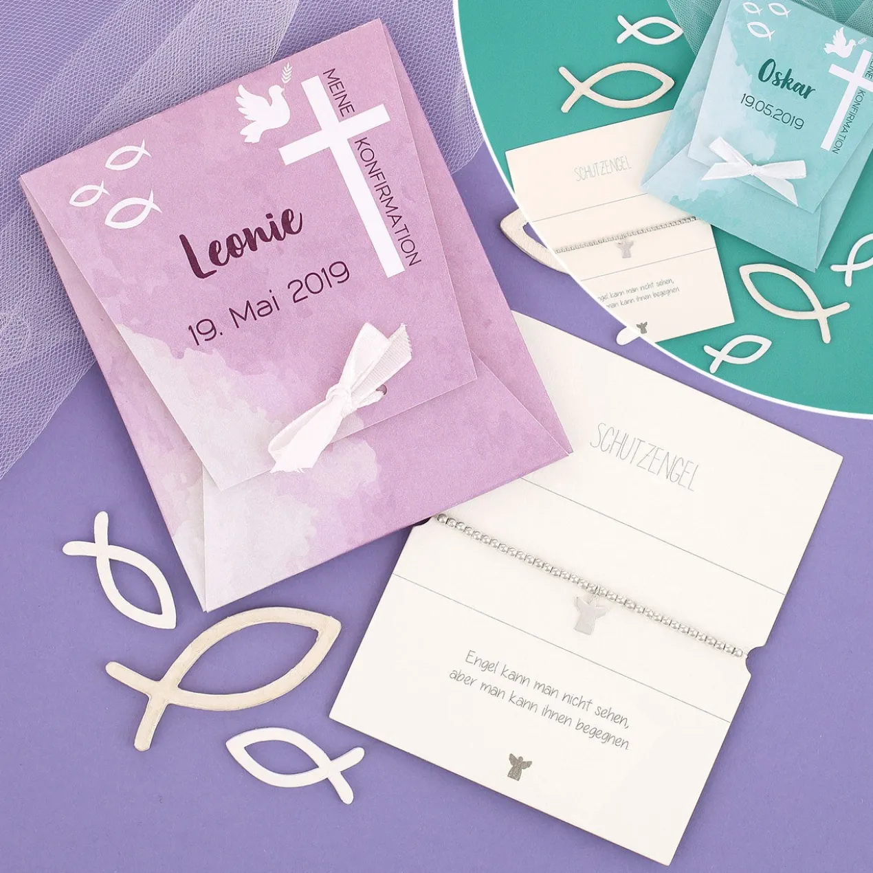 Schutzengel Armband zur Konfirmation in personalisierter Verpackung | Lila oder Türkis
