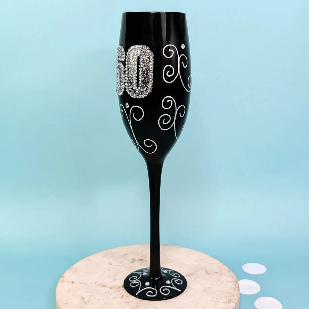 Schwarzes Sektglas mit Glitzerzahl für runde Geburtstage & Jubiläum