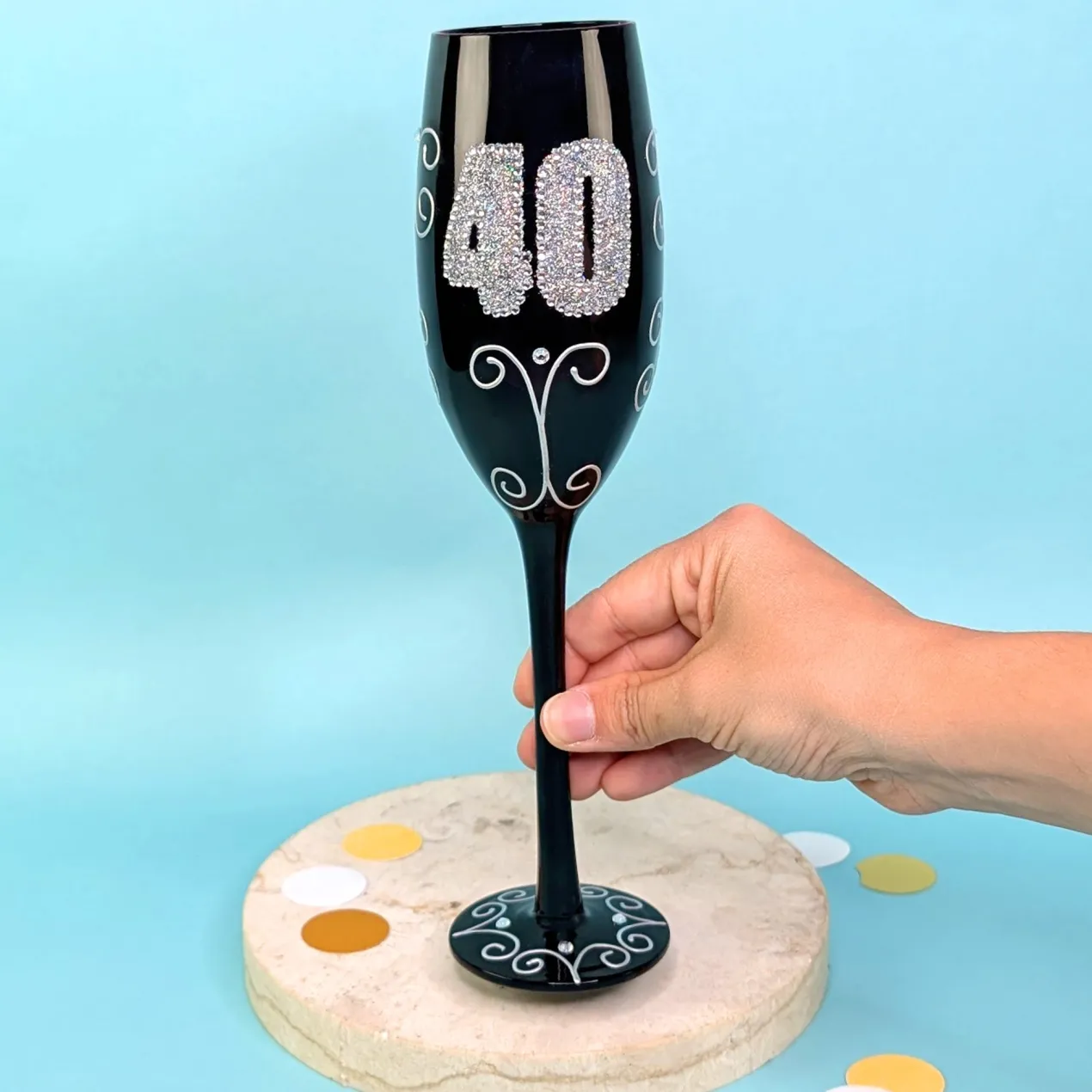 Schwarzes Sektglas mit Glitzerzahl für runde Geburtstage & Jubiläum