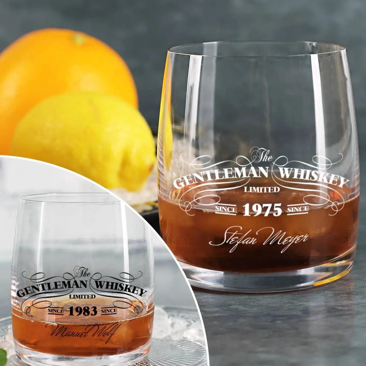 Schwarz oder Weiß bedrucktes Gentleman Whiskey Glas mit Name und Jahr