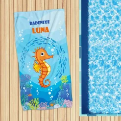 Seepferdchen - Badetuch mit Name und Wunschtext in 3 verschiedenen Größen