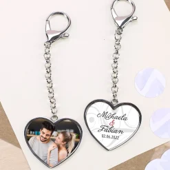 2-seitiger Schlüsselanhänger zur Hochzeit mit Foto, Namen und Datum