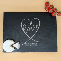 Servierplatte aus Schiefer mit Namen personalisiert für Paare | Love-Motiv | Rechteckig