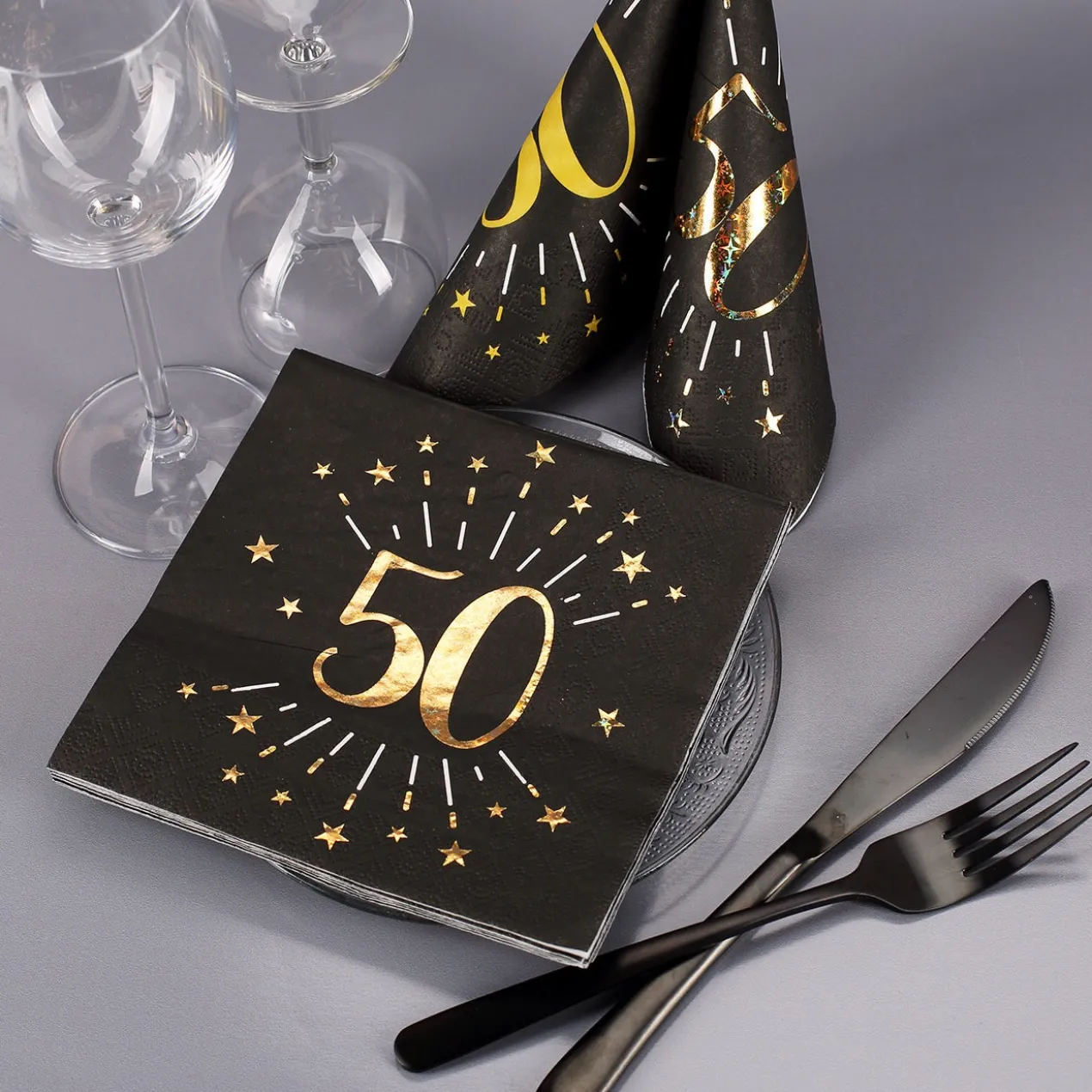 Servietten zum 50. Geburtstag - schwarz/gold-metallic