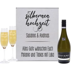 Silberhochzeits-Secco und zwei gravierte Sektgläser in einer Box
