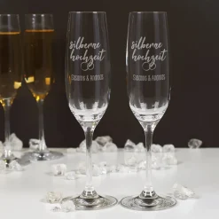 Silberhochzeits-Secco und zwei gravierte Sektgläser in einer Box