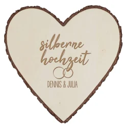 Silberne Hochzeit - Holzscheibe in Herzform mit Namen