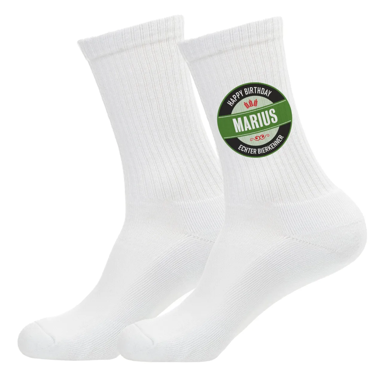 Socken mit Bierlogo & eigenem Text | Lustiges Biersocken Geschenk für Männer & Bierfreunde in weiß